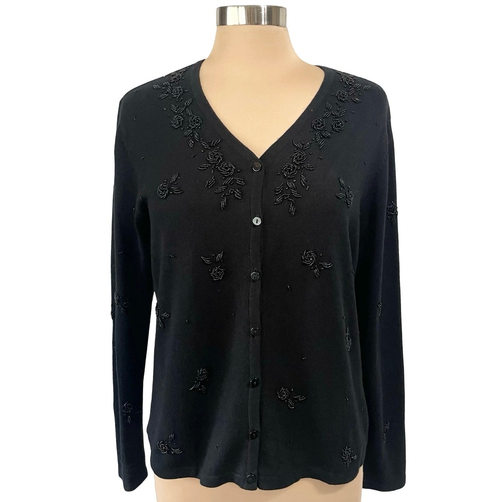 Talbots Petites Black Beaded Floral Cardigan Sweater Silk Cashmere Sz LP Button